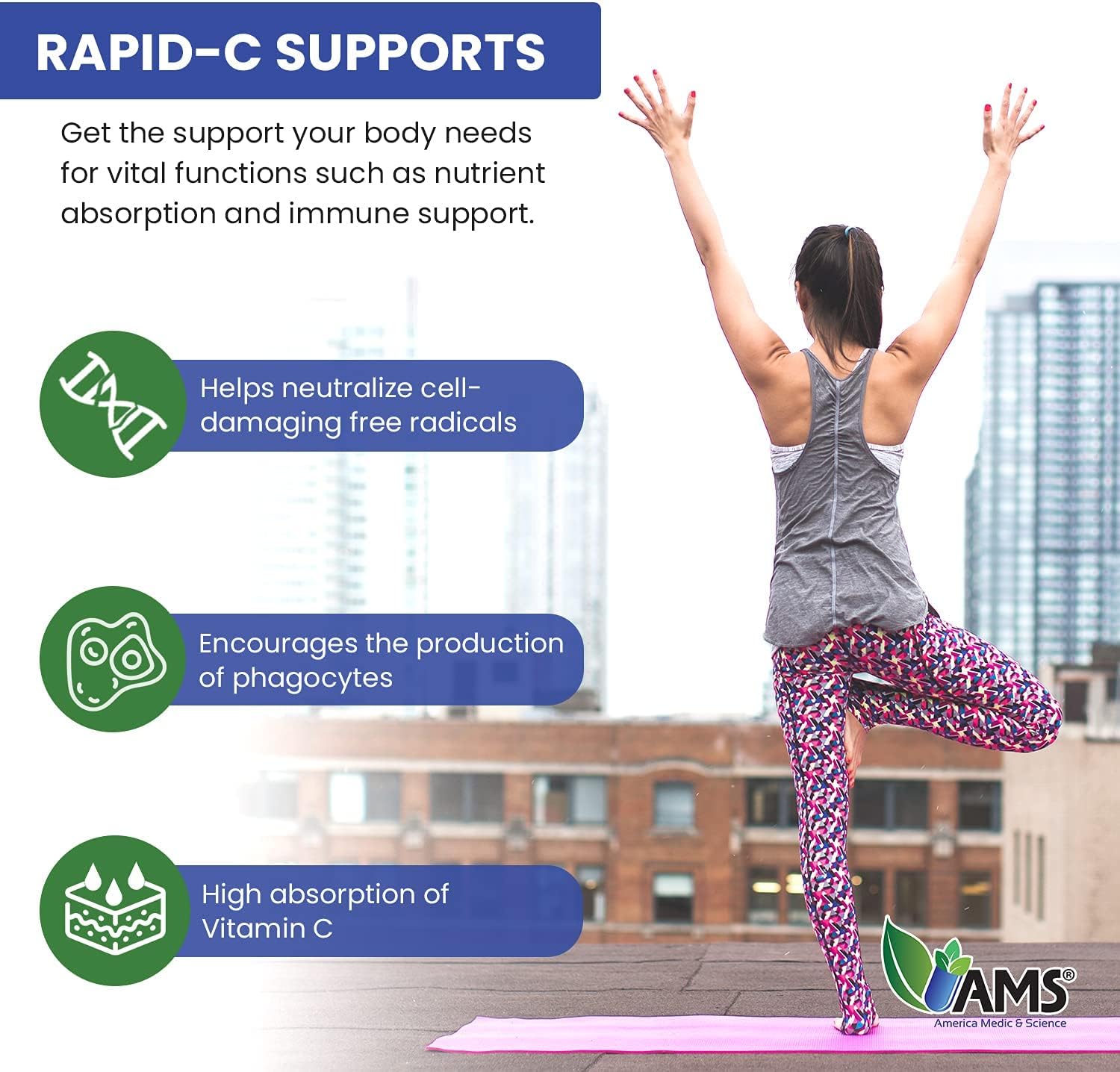 America Medic & Science Rapid-C 1000mg Vitamin C Food Supplement (5 Pack of 100 Tablets) - Immune Support, Antioxidant, Energy Metabolism | Vegan, Non-GM Coated Ascorbic Acid for Adults - görsel 4