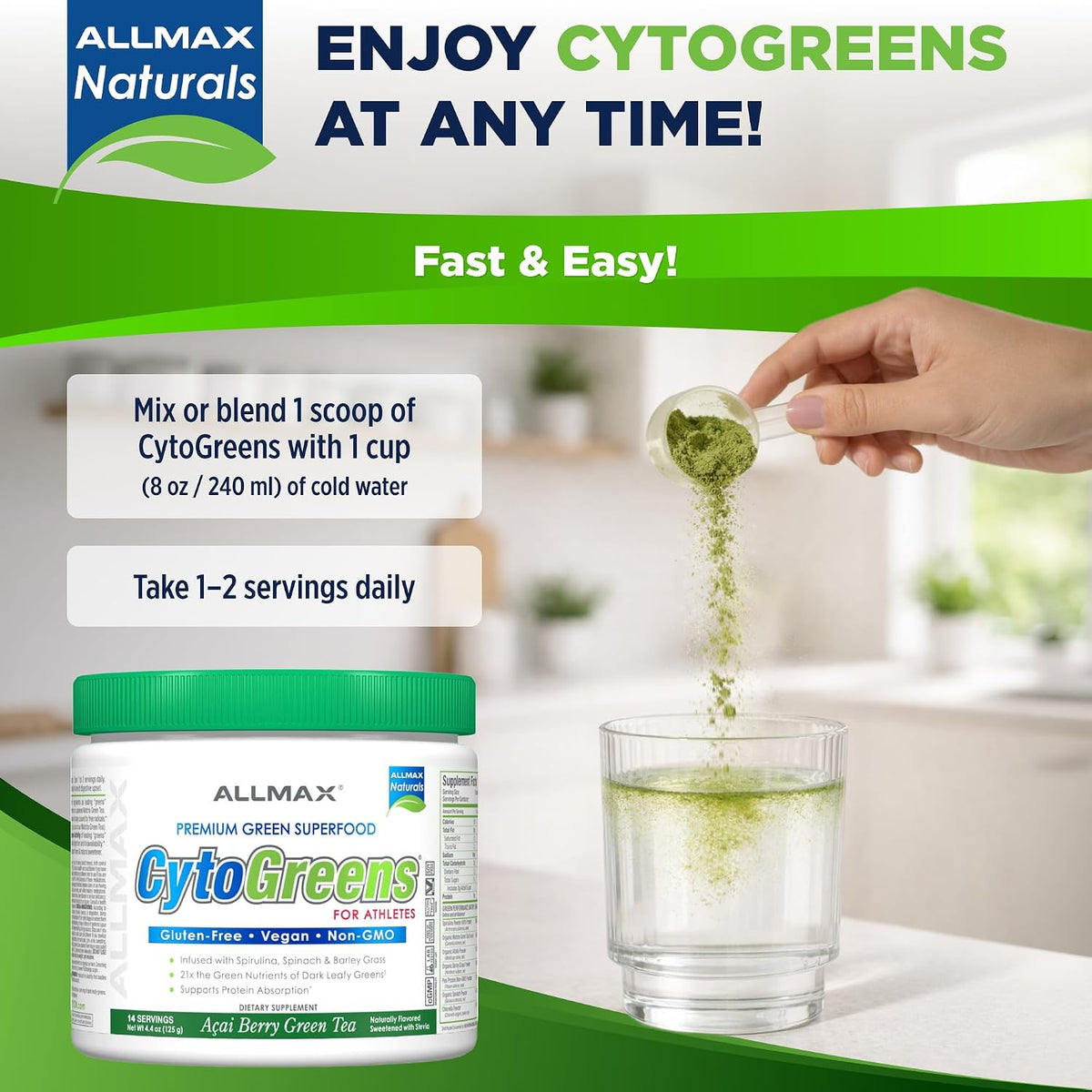 ALLMAX CytoGreens Super Greens Powder, Acai Berry Green Tea Flavour, 14 Servings - görsel 7