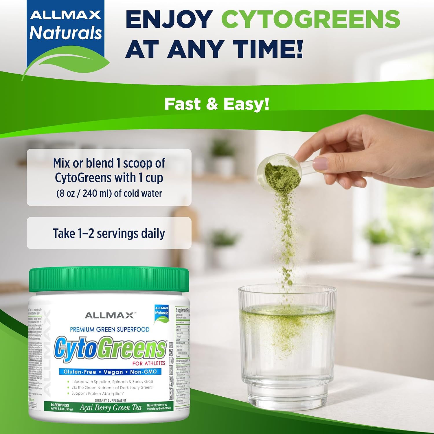 ALLMAX CytoGreens Super Greens Powder, Acai Berry Green Tea Flavour, 14 Servings - görsel 7