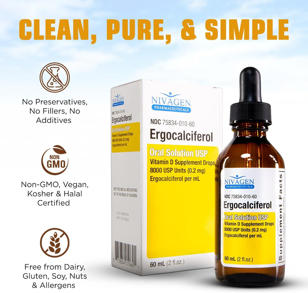 Nivagen Vitamin D2 Liquid Drops – 8,000 USP (Ergocalciferol) – 400 IU per Serving – 2 fl oz (60 ml) – 1,200 Servings - görsel 6