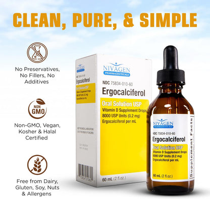 Nivagen Vitamin D2 Liquid Drops – 8,000 USP (Ergocalciferol) – 400 IU per Serving – 2 fl oz (60 ml) – 1,200 Servings