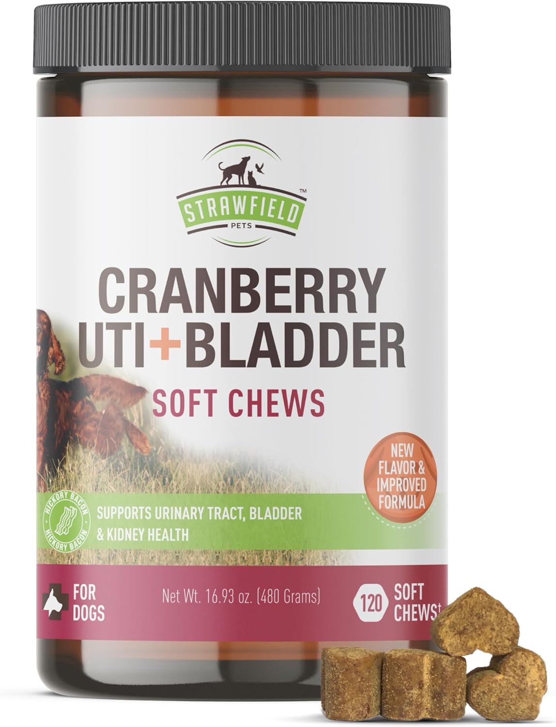 Strawfield Pets Cranberry Bladder and UTI Chews for Dogs - D-Mannose + Vitamin C for Urinary Tract Support, Bacon Flavoured Soft Chews (120 count) - görsel 1