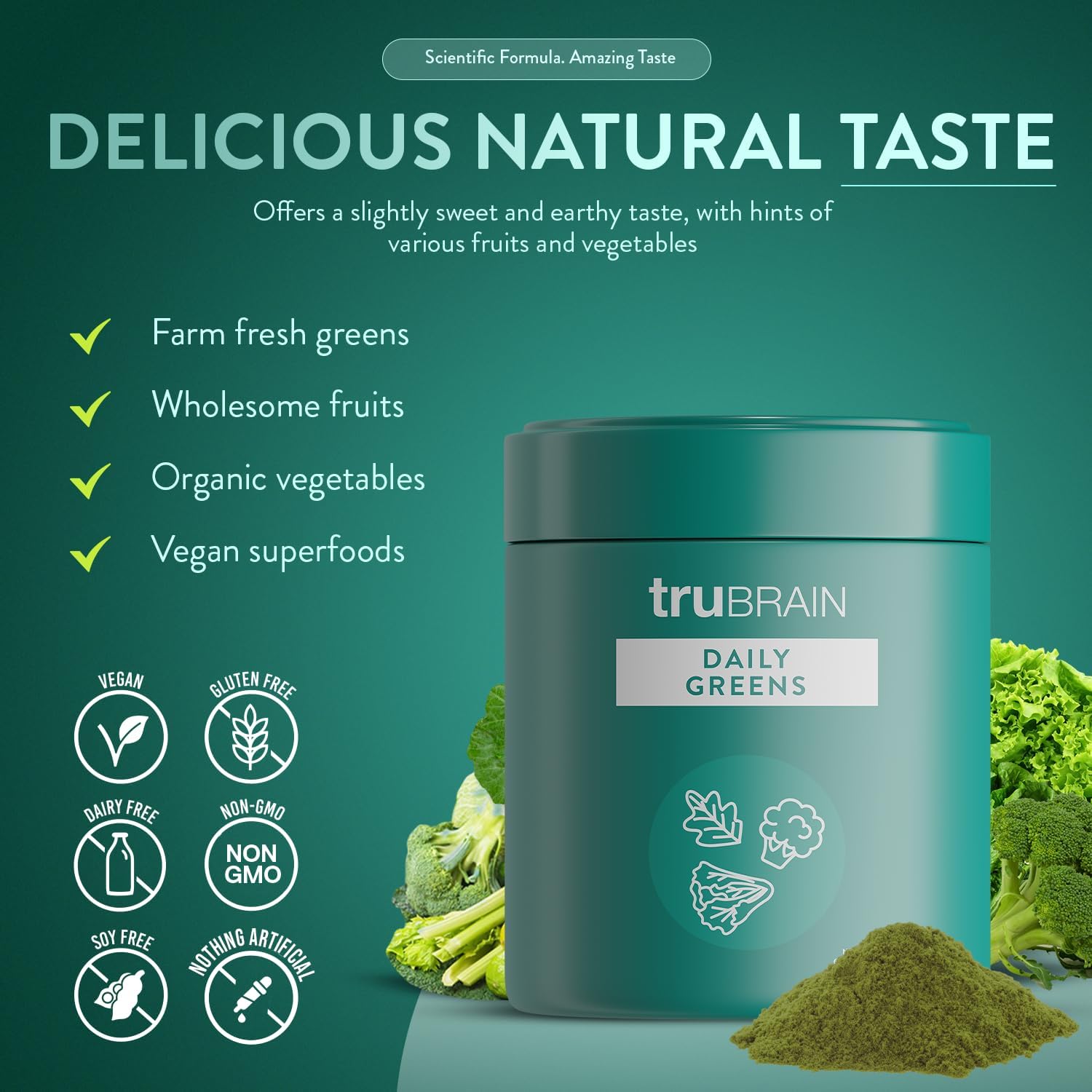 TruBrain Daily Greens: Sustained Brain Nourishment Powder - 75 Plant-Based Superfoods & Probiotics - görsel 4