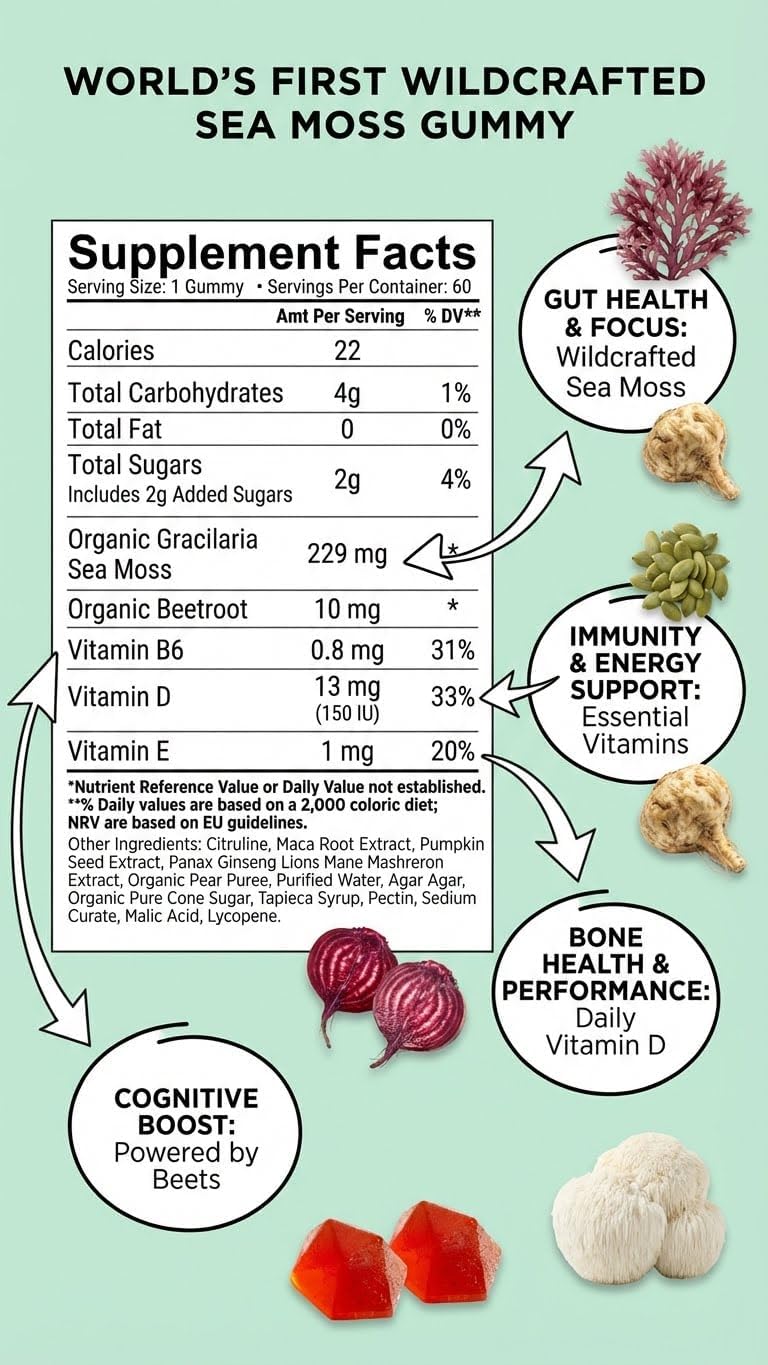 BDE Wildcrafted Sea Moss Gummy - Multivitamin with Maca Root, Beets, Lion's Mane, Vitamin D+E, Zinc - 60 Gummies - görsel 3