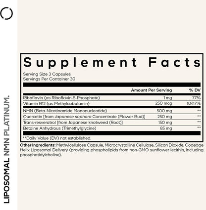 Codeage Liposomal NMN Platinum – 500 mg NMN Food Supplement with Resveratrol, Quercetin, and B Vitamins
