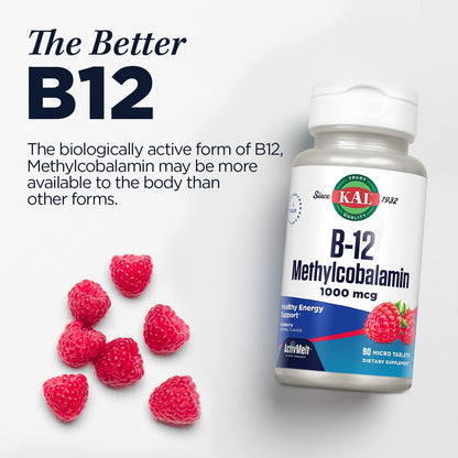 KAL Vitamin B12 Methylcobalamin 1000mcg - Fast Dissolve Sublingual Micro Tabs, Natural Raspberry Flavour, 120 Servings