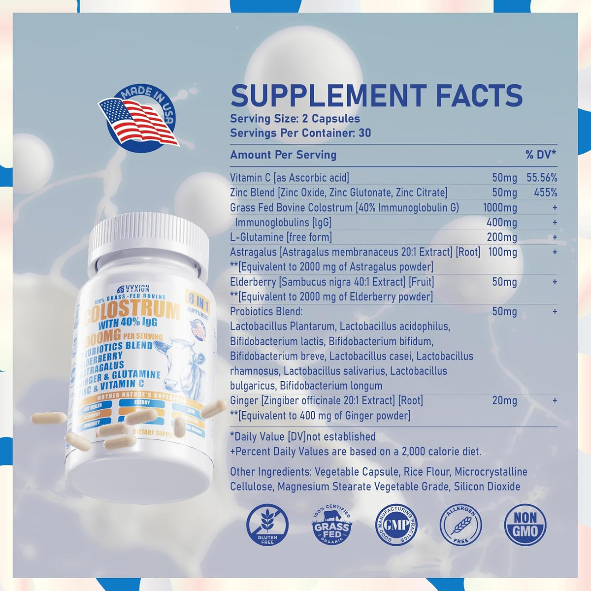 Vyxion 8-in-1 Bovine Colostrum Supplement, 1000mg, 40% IgG, Grass-Fed, 60 Capsules - görsel 5