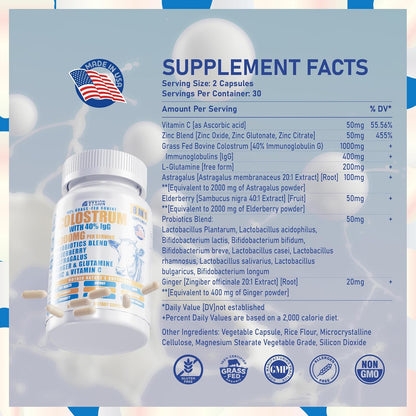 Vyxion 8-in-1 Bovine Colostrum Supplement, 1000mg, 40% IgG, Grass-Fed, 60 Capsules
