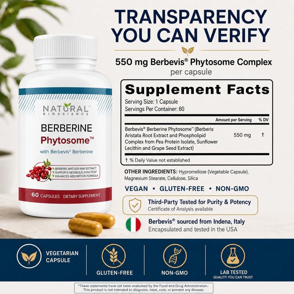 Berberine Phytosome with Berbevis, 550mg – Enhanced Absorption, Metabolic & Heart Health Support, Non-GMO, Gluten-free, 120 Vegetarian Capsules - görsel 9