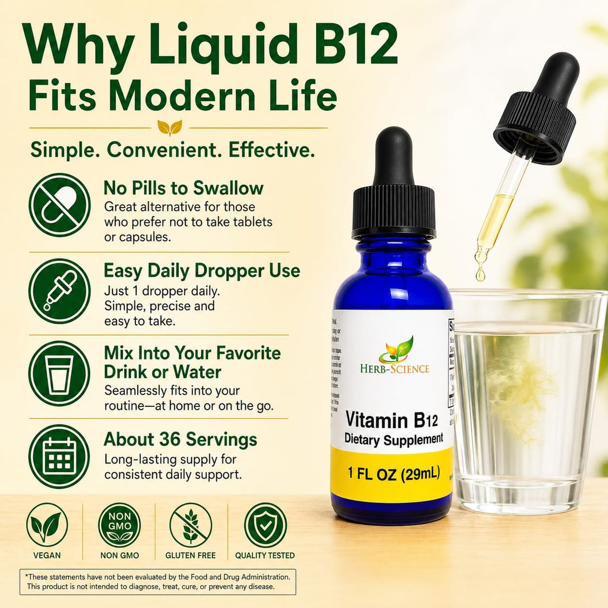 Herb-Science Liquid Vitamin B12 – Cold-Pressed Cyanocobalamin Sublingual Drops, Vegan, Alcohol-Free, 1 fl oz - görsel 4