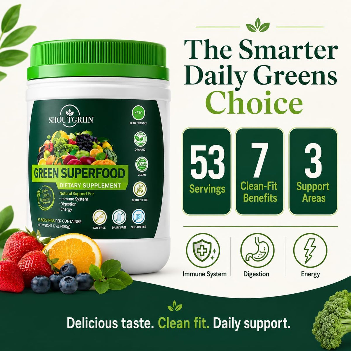 SHOUTGRIIN Green Superfood Powder – Organic Super Greens with 100 Billion CFU Probiotics & Digestive Enzymes - görsel 9