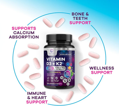Vitamin D3 K2 - 5000 IU Vitamin D3 & 100 mcg Vitamin K2 MK-7 per Serving - Bone, Heart, & Immune Health Support - Calcium Absorption - D3K2 Berry Chew, Gluten-free, Non-GMO - 120 Tablets