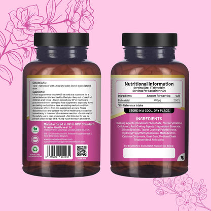 Folic Acid Tablets 400 mcg - 400 Vegan Vitamin B9 Tablets | 13 Month Supply | Vitamin B9 Pregnancy Support | UK Made – Prowise