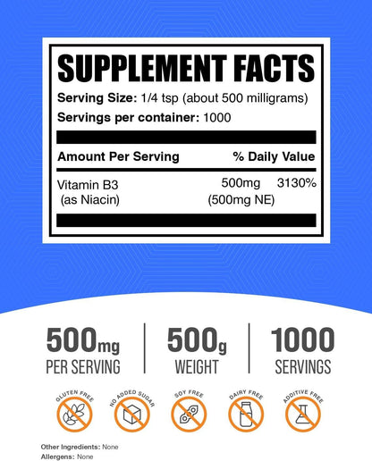 BulkSupplements.com Niacin Powder – Vitamin B3 Food Supplement, 500mg per Serving, 500g
