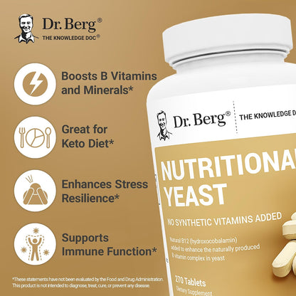Dr. Berg Nutritionals Yeast Tablets – Natural B12 Added - All 8 B Vitamin Complex – Organic Vanilla Flavour - 270 Vegan Tablets