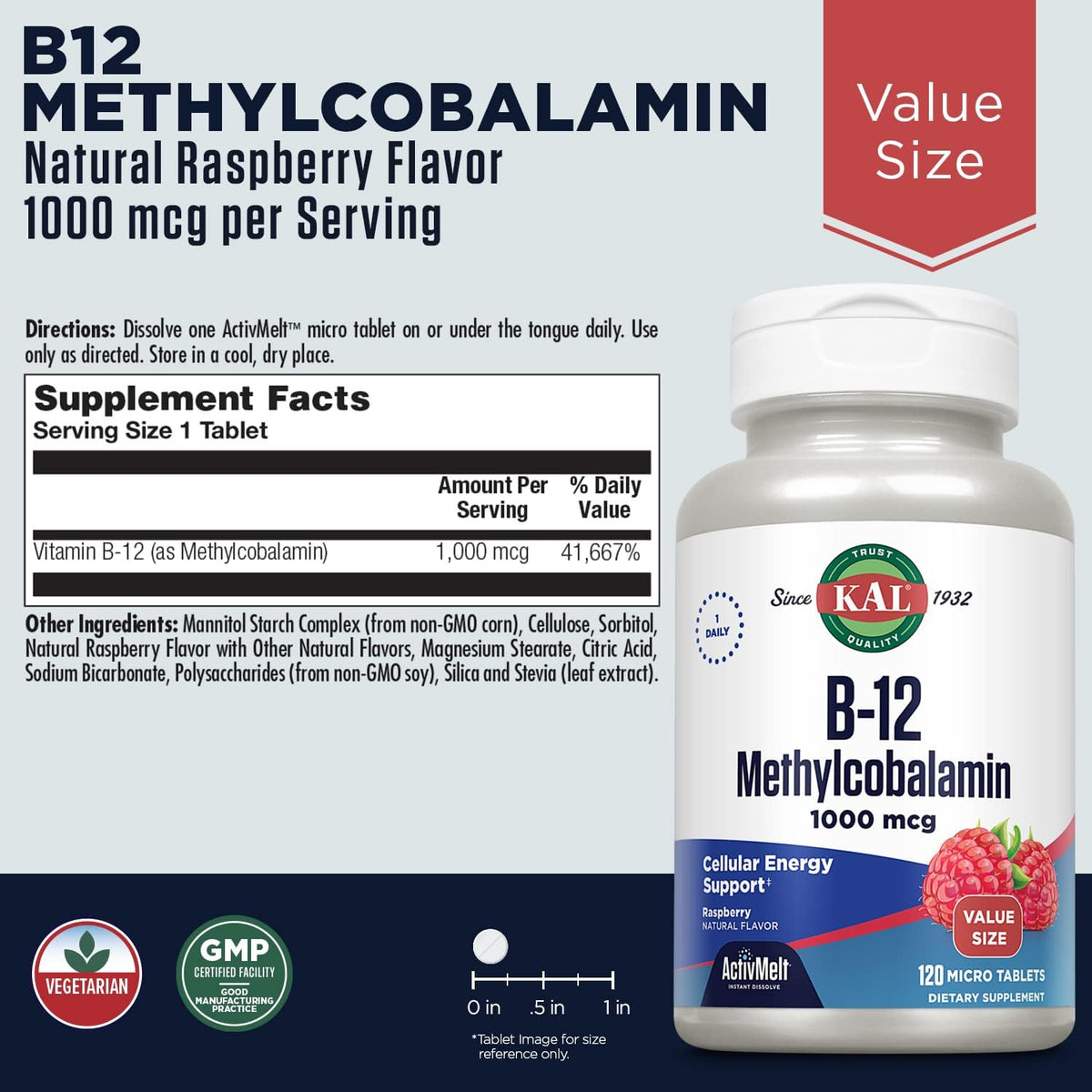 KAL Vitamin B12 Methylcobalamin 1000mcg - Fast Dissolve Sublingual Micro Tabs, Natural Raspberry Flavour, 120 Servings - görsel 2