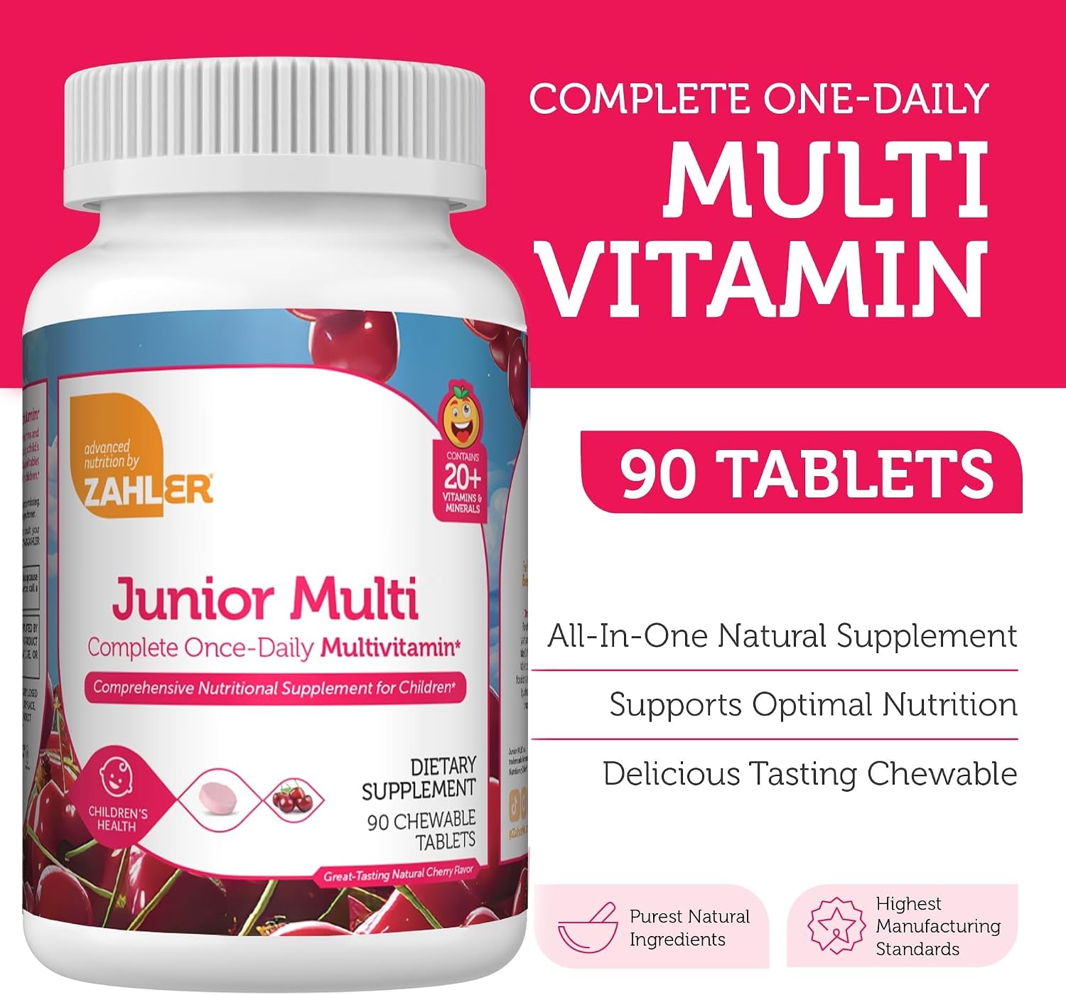 Zahler Junior Multi - Children's Complete Multivitamin - 23 Vitamins and Minerals - Kosher, Non-GMO, Gluten-Free - Cherry Flavour, 90 Chewable Tablets - görsel 3