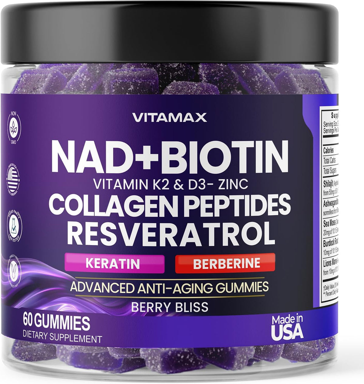 Vitamax NAD+ Resveratrol Berberine & Biotin Anti-Ageing Gummy - Hair, Skin, Nails & Joint Support - 60 Count - görsel 1