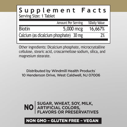 Windmill Natural Vitamins Biotin 5000 mcg, Supports Healthy Hair, Skin and Nails, 60 Tablets