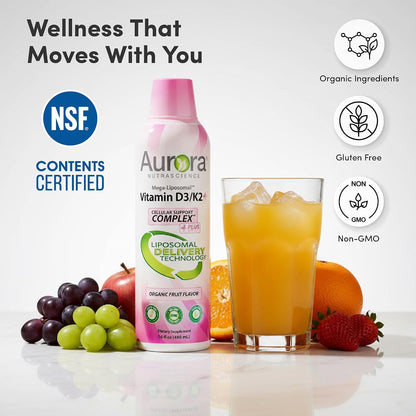 Aurora Nutrascience Mega-Liposomal Vitamin D3/K2+ with Vitamin C, Strawberry, 473 ml