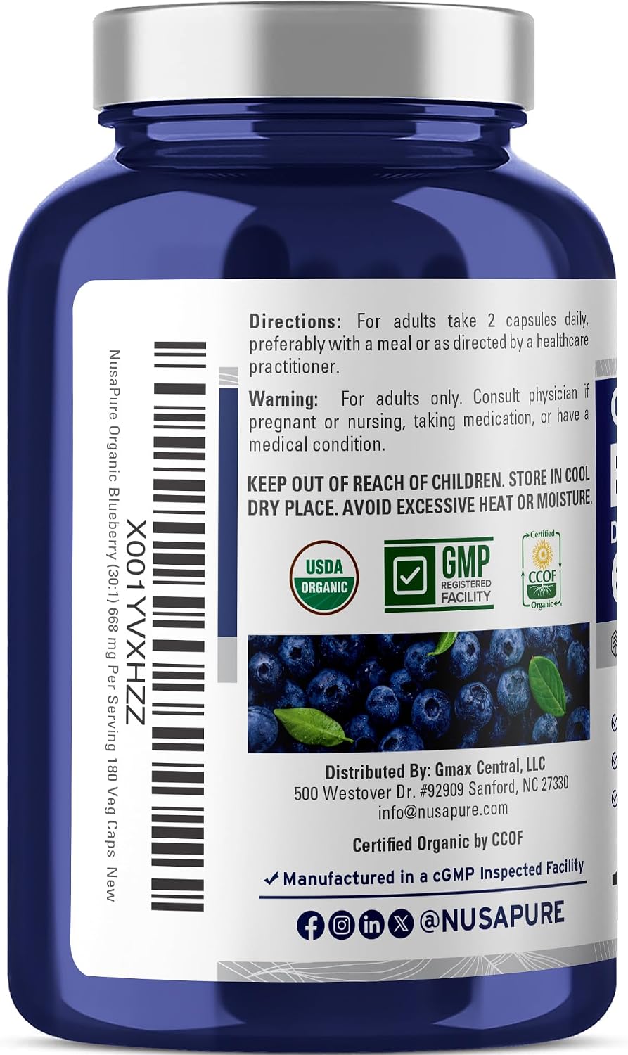 NusaPure Organic Blueberry Capsules, 668 mg, 180 Veg Capsules - görsel 3