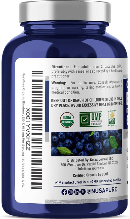 NusaPure Organic Blueberry Capsules, 668 mg, 180 Veg Capsules