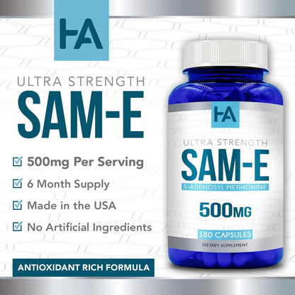 High Strength 500mg SAM-e Supplement - S-Adenosyl Methionine for Bone, Joint & Mood Support - Vegan, Non-GM, 180 Vegetarian Capsules