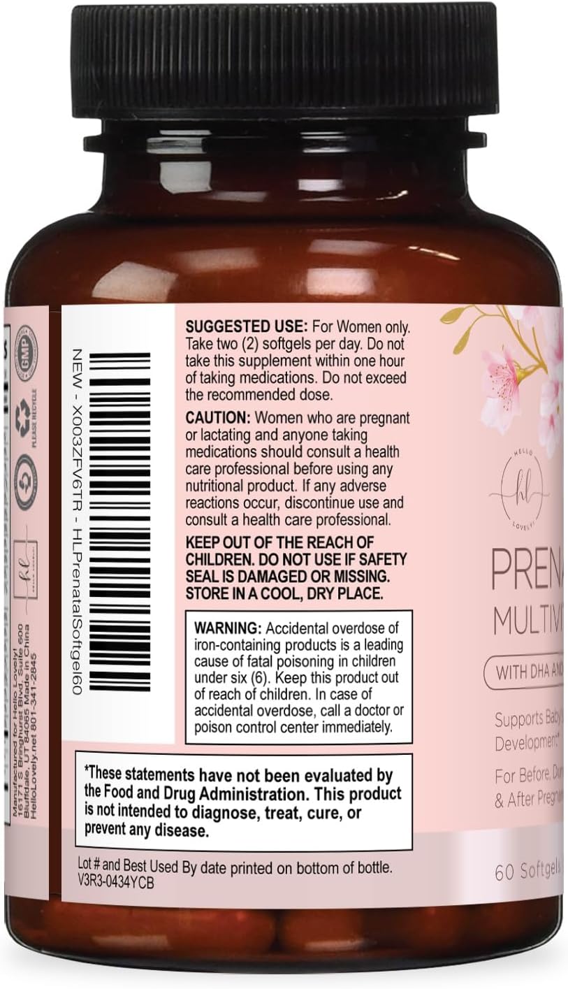 Hello Lovely! Prenatal Vitamins with Folic Acid, DHA and Iron – Daily Pregnancy Multivitamin (60 Softgels) - görsel 8