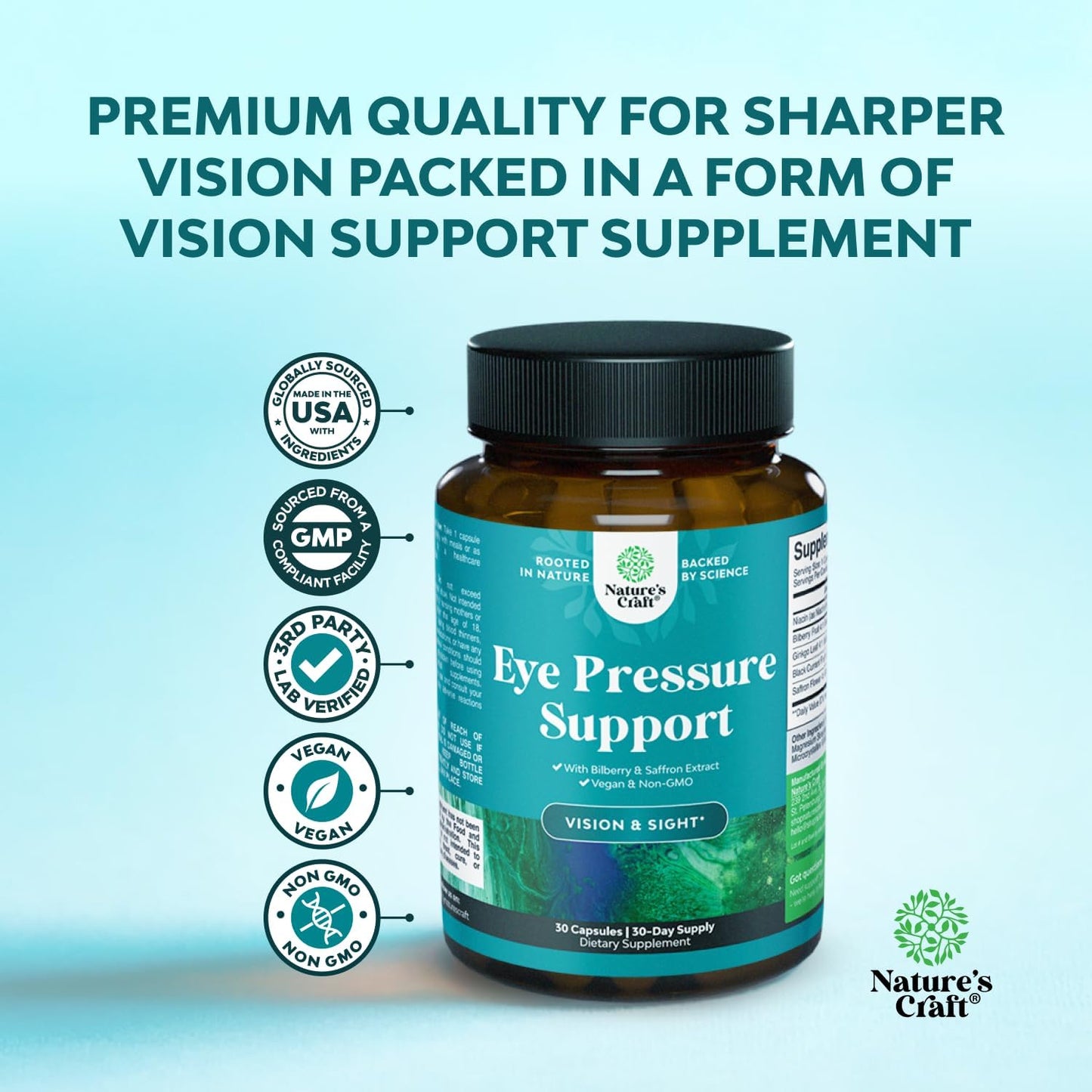 Natures Craft Eye Pressure Support with Bilberry Extract - Vegan Eye Health Supplement for Ocular Pressure Relief - 30 Count - görsel 5