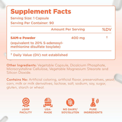 Clear Formulae Bioactive SAM-e 400mg - High-Strength SAM-e Food Supplement with Biologically Active S,S Form - Vegan, Non-GM, Preservative-Free - 90 Capsules