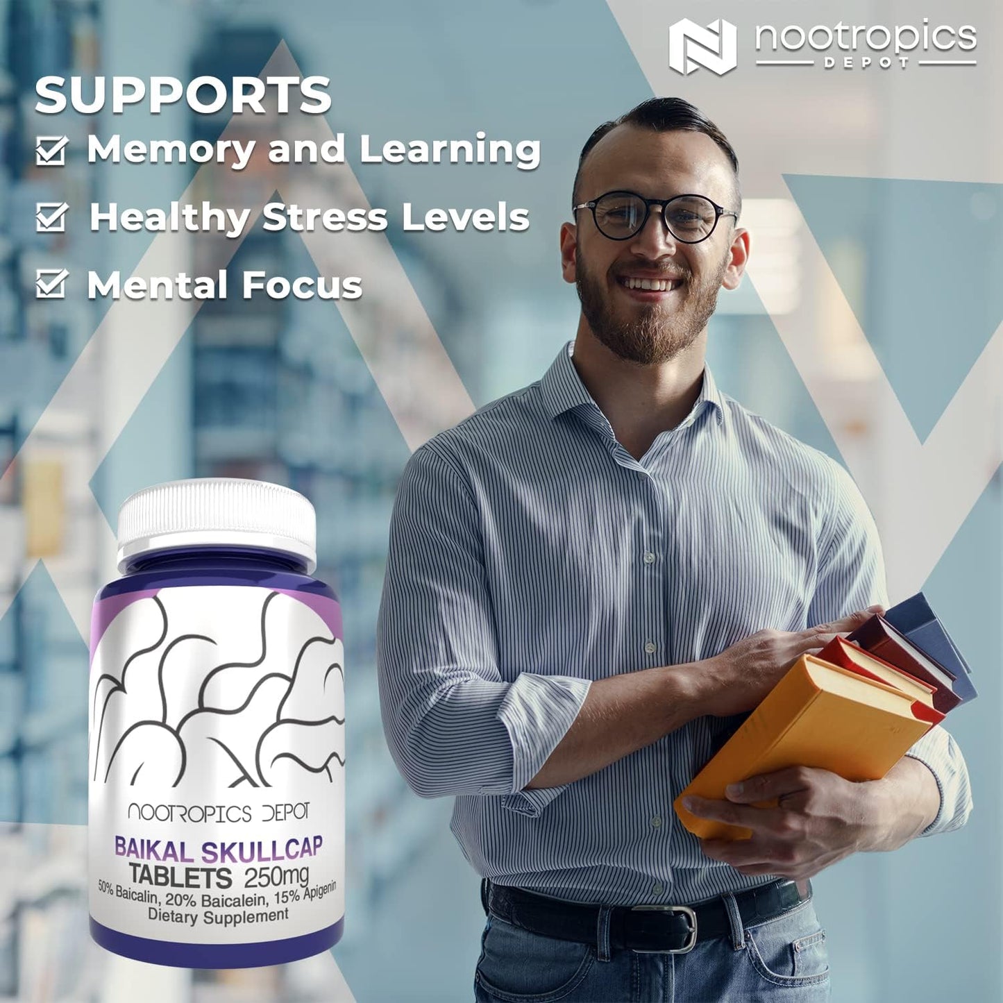 Nootropics Depot Baikal Skullcap Extract Tablets | 250 mg | 120 Tablets | >15% Apigenin, >20% Baicalein, >50% Baicalin - görsel 3