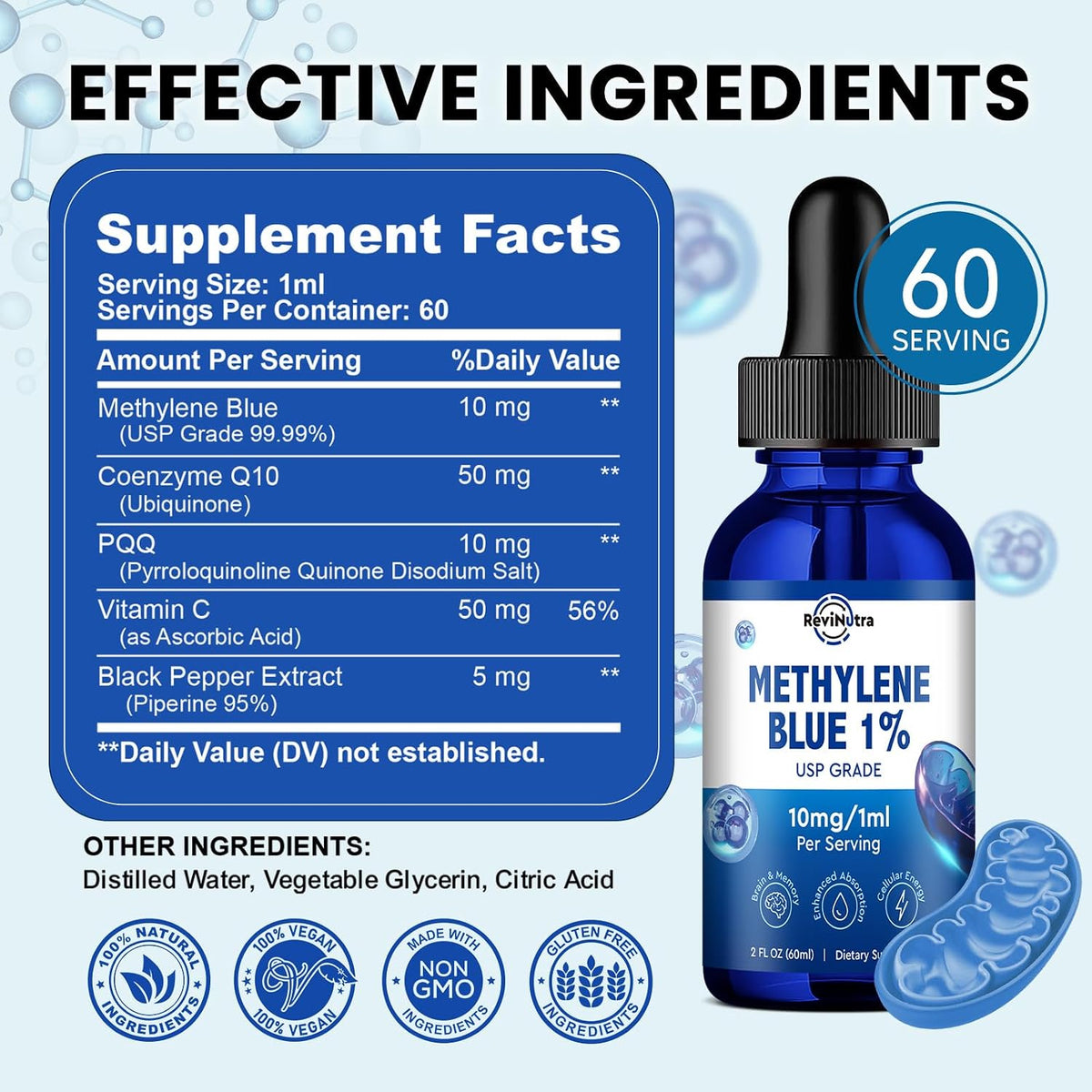ReviNutra Methylene Blue Drops, USP Grade 1% with PQQ, CoQ10, Vitamin C & Piperine, 60 ml - görsel 8