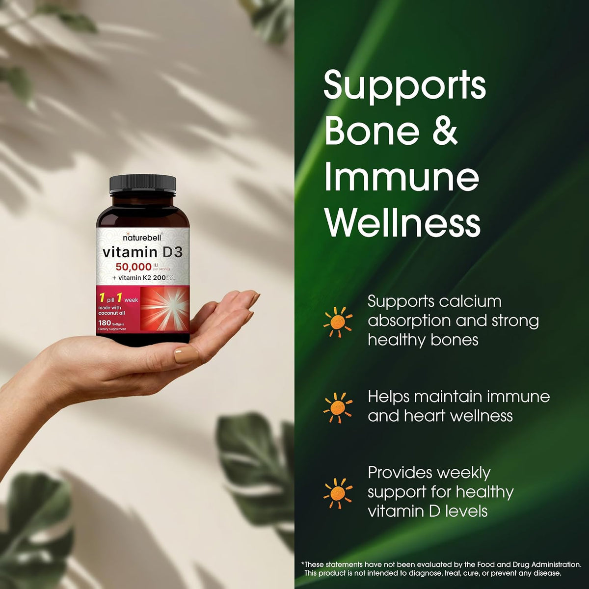 NatureBell Vitamin D3 50,000 IU with Vitamin K2 - 180 Soft Gel Capsules - görsel 4