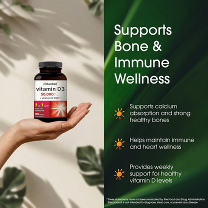 NatureBell Vitamin D3 50,000 IU with Vitamin K2 - 180 Soft Gel Capsules