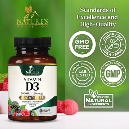 Nature's Nutrition Vitamin D3 5000 IU (125 µg) Chewable Tablets – Extra Strength for Immune Support & Bone Health – Sugar Free, Gluten-free – 60 Count