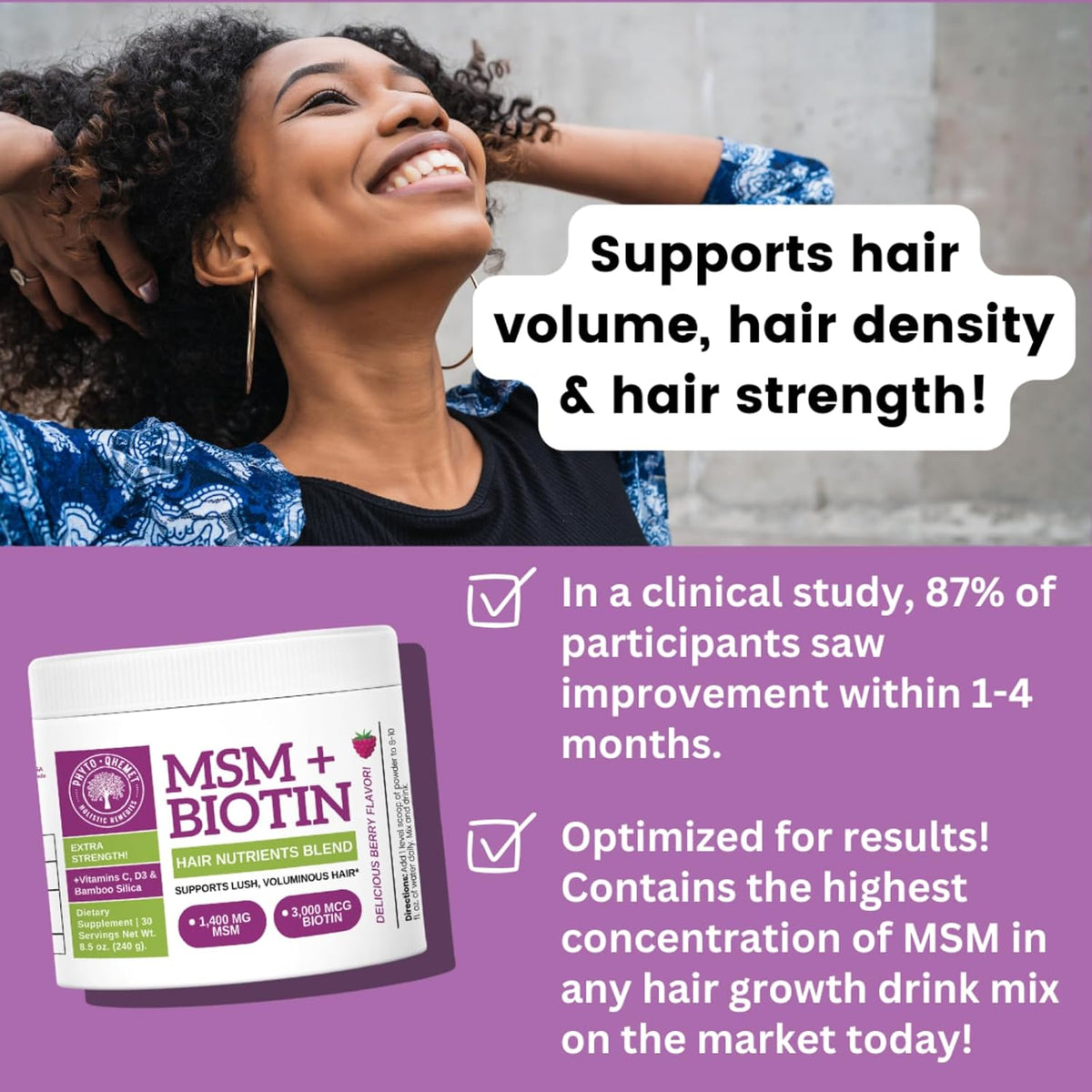 Qhemet Biologics MSM + Biotin Hair Nutrient Drink Mix - Wildberry Powder for Lush Volume (241 g) - görsel 8