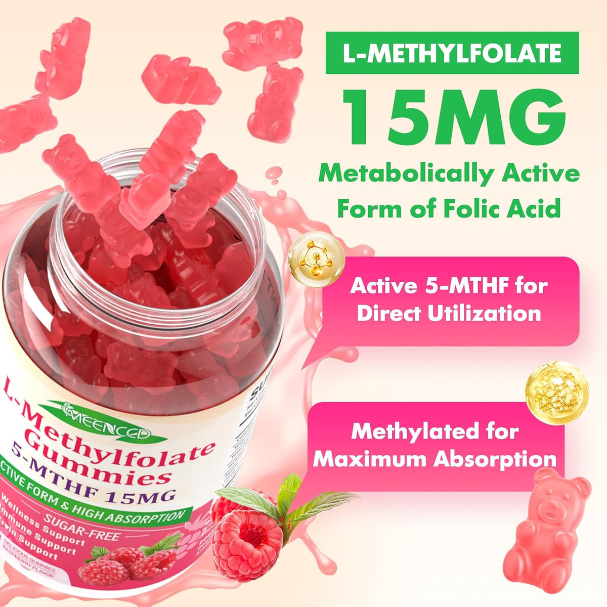 MEENCCD 2 Pack L-Methylfolate Gummies - Active 5-MTHF Supplement - Vegan, Raspberry Flavour (120 Count) - görsel 4