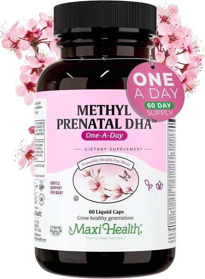 Maxi Health - Methyl Prenatal DHA Prenatal Vitamins for Women - Clinician Formulated, Kosher, Gluten-free Prenatal Multivitamin with 25 Nutrients Including DHA, Folic Acid & More, 60 Liquid Capsules