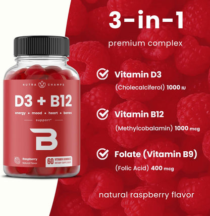 NutraChamps Vitamin D3 & B12 Gummies with Methyl B12 and Folate - Natural Raspberry Flavour, 120 Gummies (Pack of 2)