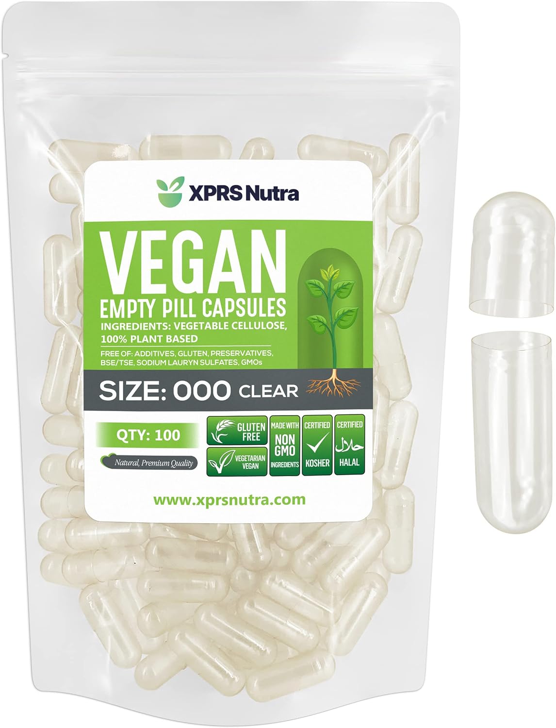 XPRS Nutra Vegan Size 000 Empty Capsules - 250 Count Clear HPMC Capsules - görsel 8