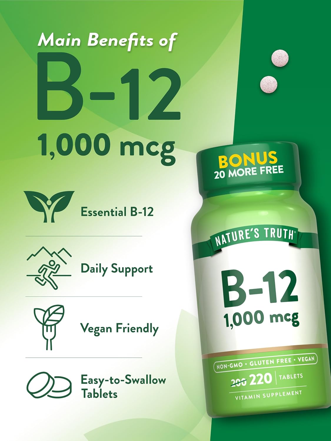 Nature's Truth Vitamin B12 Tablets, 1000 mcg, 220 Count - Vegan, Non-GMO & Gluten-free - görsel 5