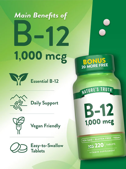 Nature's Truth Vitamin B12 Tablets, 1000 mcg, 220 Count - Vegan, Non-GMO & Gluten-free