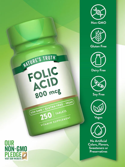 Nature's Truth Folic Acid 800 mcg, 250 Tablets - Vegan, Non-GMO & Gluten-Free Food Supplement