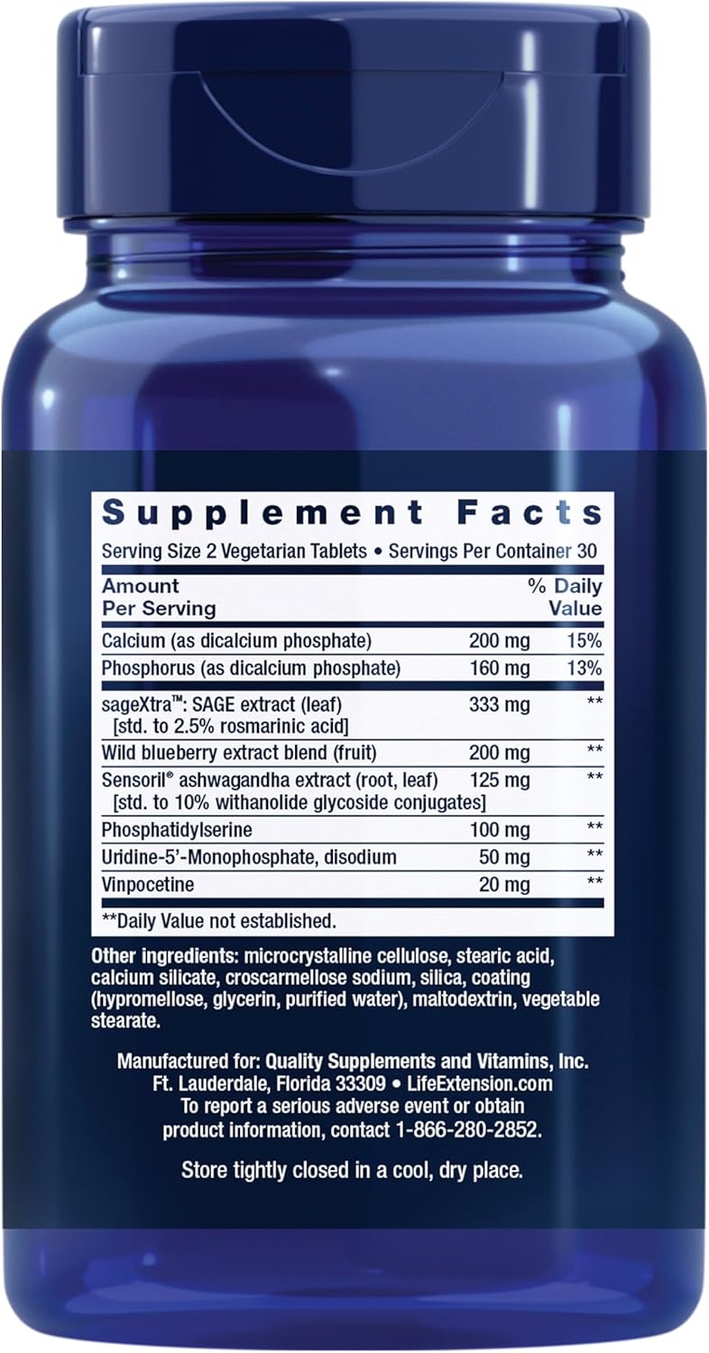 Life Extension Cognitex® Elite – Comprehensive Brain Supplement for Memory, Focus and Mood – with Sage, Blueberry, Ashwagandha, Phosphatidylserine, Vinpocetine – 60 Tablets - görsel 2