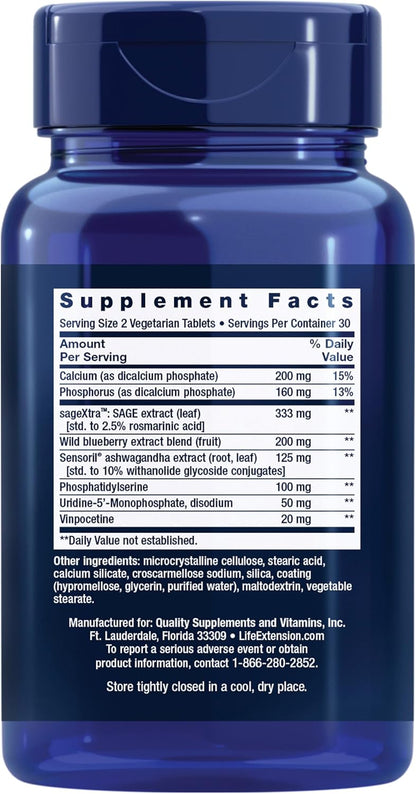 Life Extension Cognitex® Elite – Comprehensive Brain Supplement for Memory, Focus and Mood – with Sage, Blueberry, Ashwagandha, Phosphatidylserine, Vinpocetine – 60 Tablets