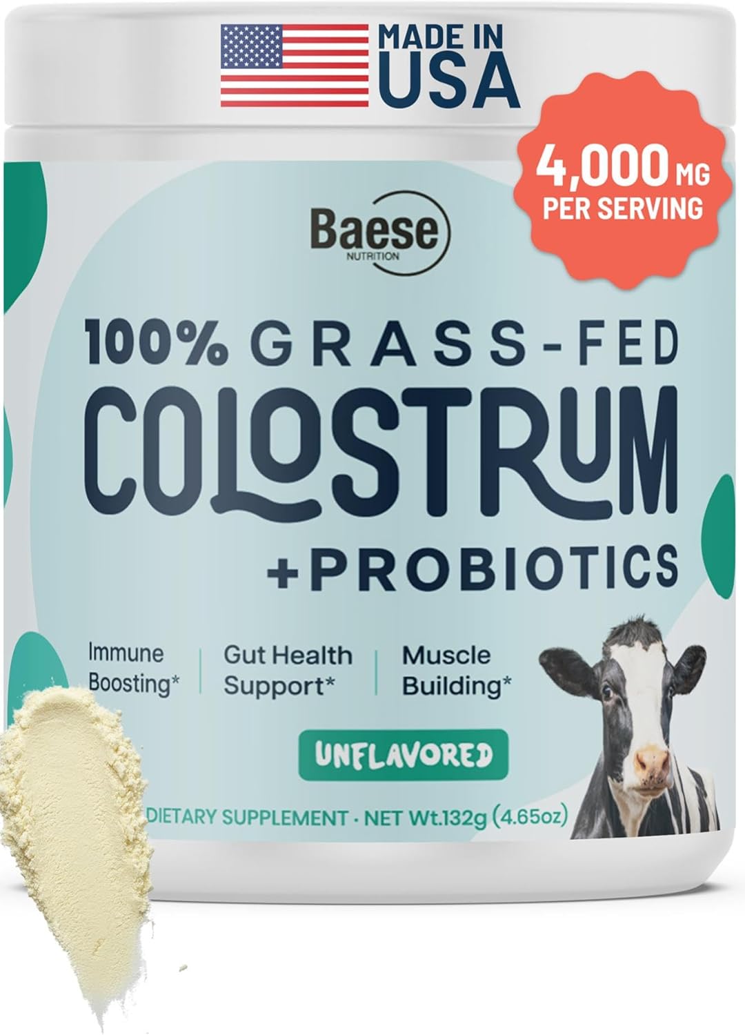 4000mg 800 IgG Grass Fed with Probiotics Bovine Colostrum Powder Supplement for Kids & Adults with Immunoglobulins (132 g, Unflavoured) - görsel 1
