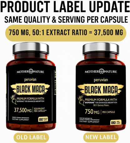 Organic Raw Black Maca 750mg with BioPerine, Energy and Performance, 180 Capsules