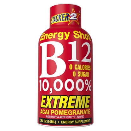 Stacker 2 Vitamin B Complex B12 B6 B3 Liquid Energy Shots - Vegan Safe Bundle Pack (60 ml, 24 Count)