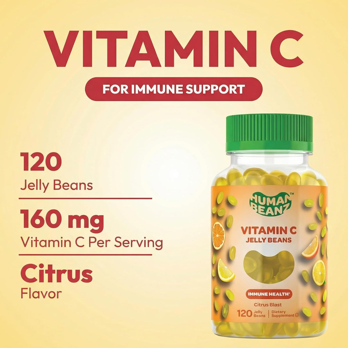 Human Beanz Vitamin C Jelly Bean Gummies for Adults, Immune Support Food Supplements, Vegetarian, 120 Citrus Blast Jelly Beans, Kosher - görsel 2