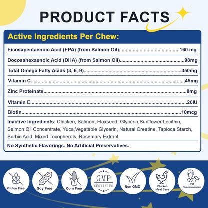 SHINEPAWS Omega-3 Fish Oil for Dogs – Chicken Flavoured Chews with EPA, DHA, Zinc & Biotin (120 Count)
